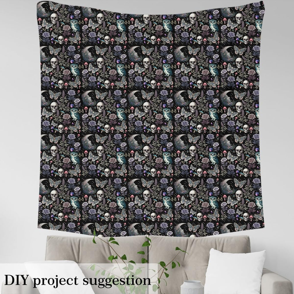 Halloween Skull Fabric by The Yard, Gothic Animals Polyester Fabric for DIY Projects, Flower Butterfly Owl Waterproof