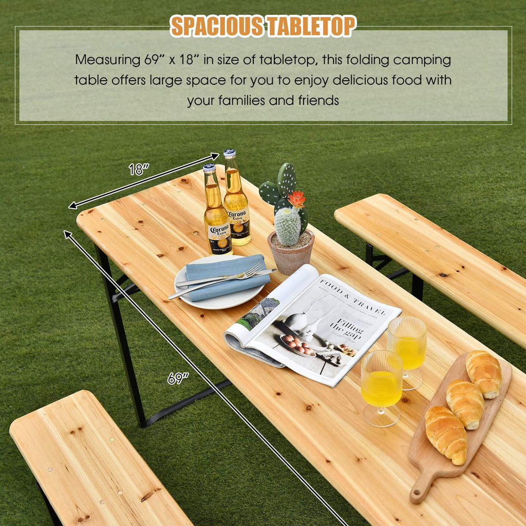 70'' 3-Piece Portable Folding Picnic Beer Table with Seating Set Wooden Top Picnic Table Outdoor Activities Garden
