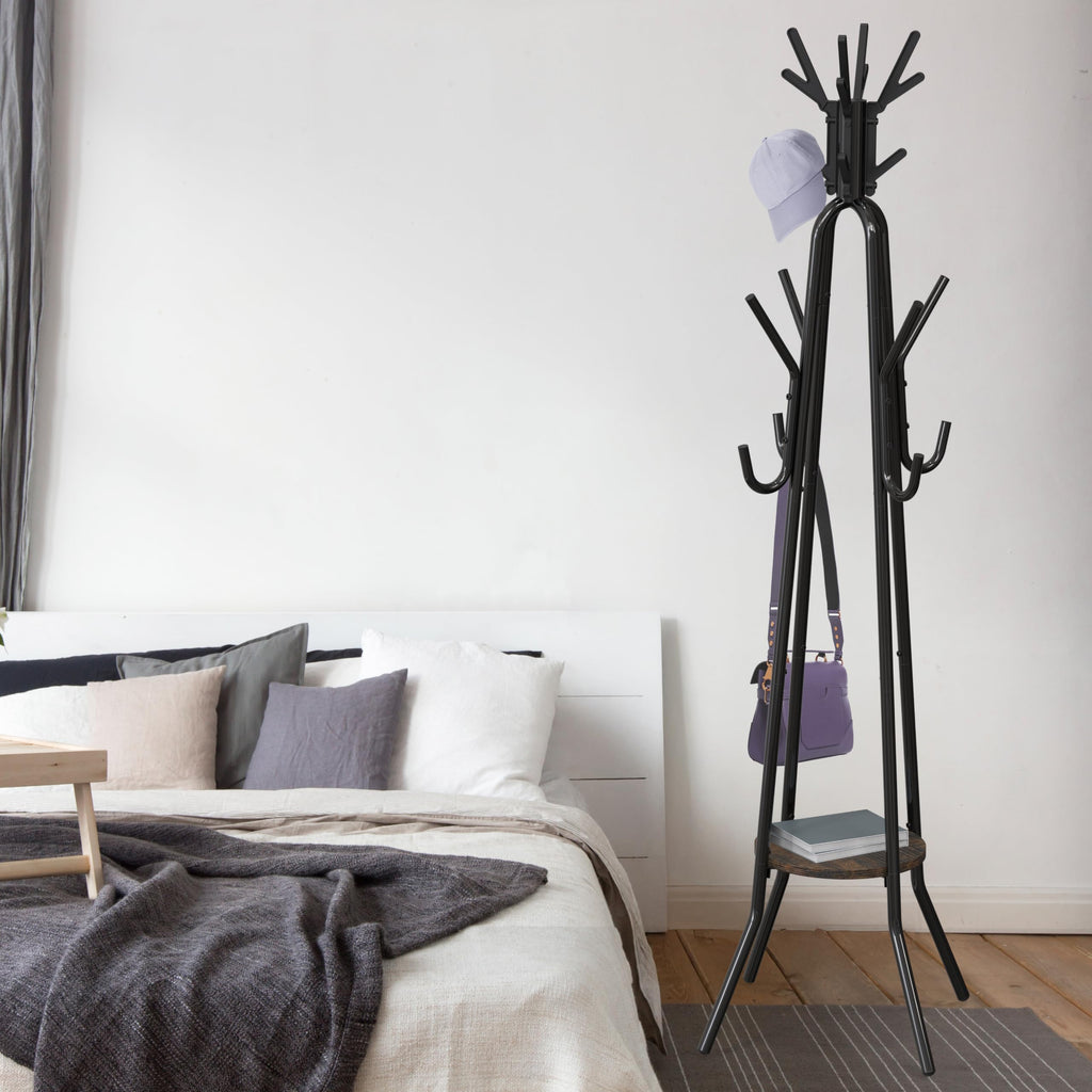 Standing Coat/Hat Rack with Shelf, 20 Hooks, Rustic Brown