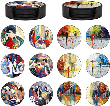 Coasters - Abstract and Oil Painting Art Design - PU Leather Coasters for Drinks with Holder - Handmade - Set of 12