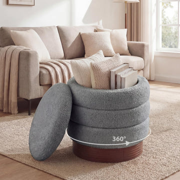 Round Ottoman with Storage, 360° Swivel Boucle Vanity Stool with Removable Lid, No Assembly Ottoman Foot Rest