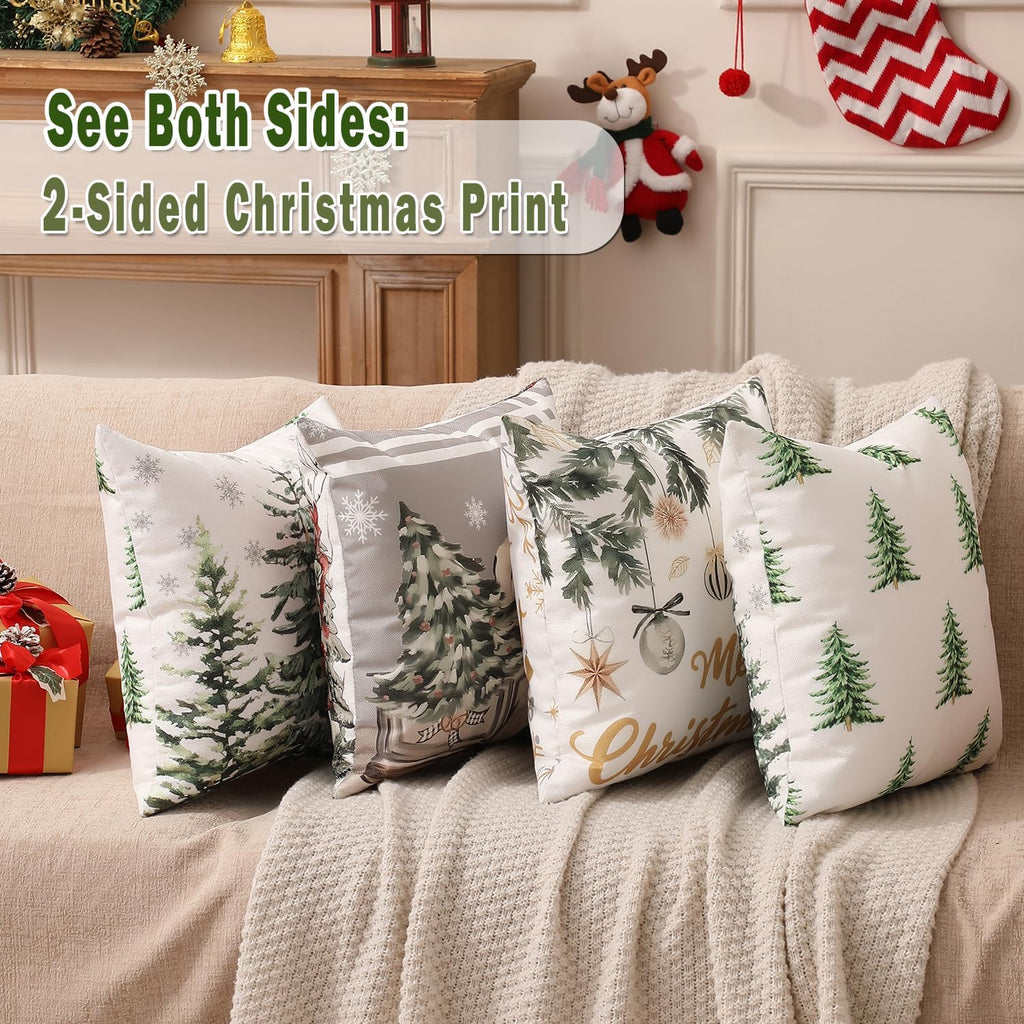 Double-Sided Print Christmas Pillow Covers 18"x18", 8 Cute Christmas Patterns, Tree, Merry Christmas, Truck - Set of 4