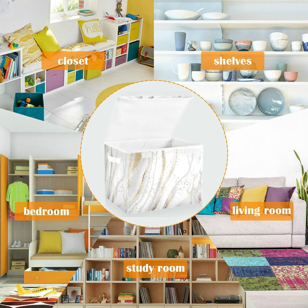 Large Fabric Storage Bins With Lids, Gold White Marble Storage Boxes With Handles for Organizing Clothes, Collapsible