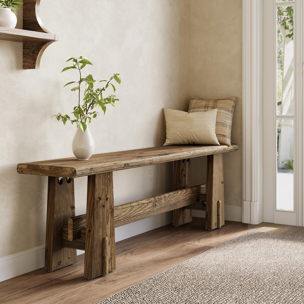 59" Solid Wood Bench, Farmhouse Entryway Bench, Long Retro Bench for End of Bed, Dining Room, Entryway, Hallway