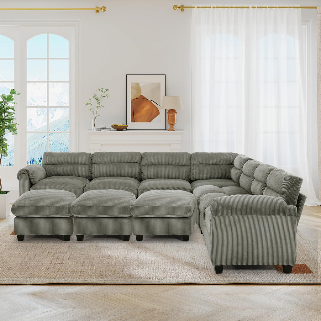 115" Modular Sectional Sofa Couch with 3 Movable Ottoman, Oversized Corduroy L Shaped Couches with Rolled Arms