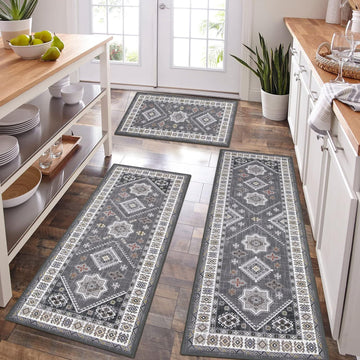 Boho Kitchen Rugs Set of 3, Non Slip Washable Kitchen Mats for Floor | Farmhouse Kitchen Runner Rug Set, Soft Vintage