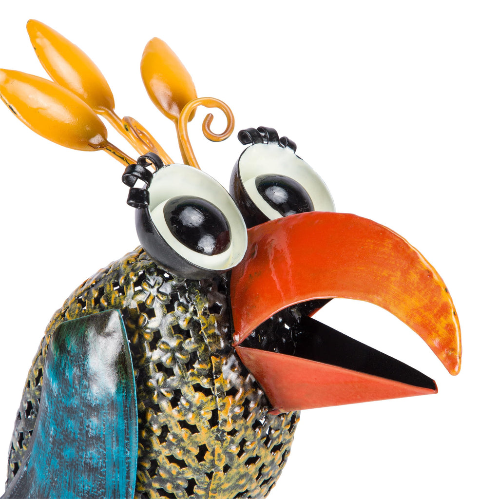 12" Tall Outdoor Metal Wide-Eyed Bird Standing Yard Statue Decoration, Multicolor