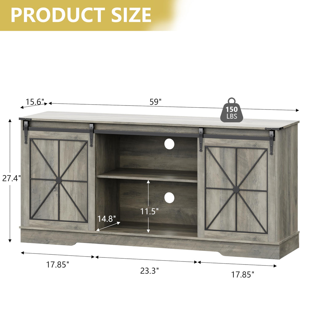 Farmhouse TV Stand for 65/60/55 Inch Tvs, Sliding Barn Doors, Grey