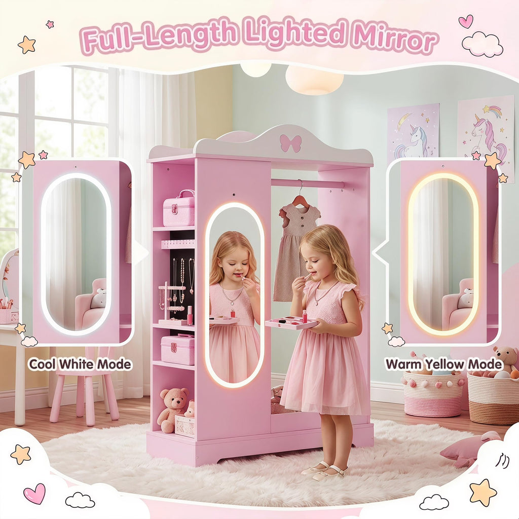 Kids Dress Up Storage with Lighted Mirror, Open Hanging Armoire, Pink