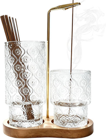 2 in1 Incense Holder Incense Burner for Sticks, Vintage Glass Incense Stick Holder Ash Collector Wooden Base