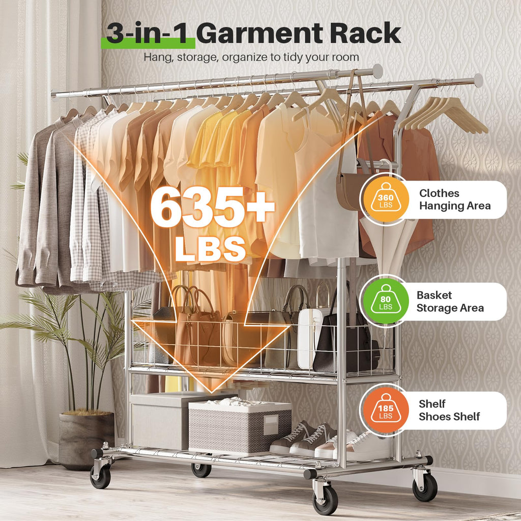 Heavy Duty Clothes Rack Load 635 LBS Height Adjustable Double Rod