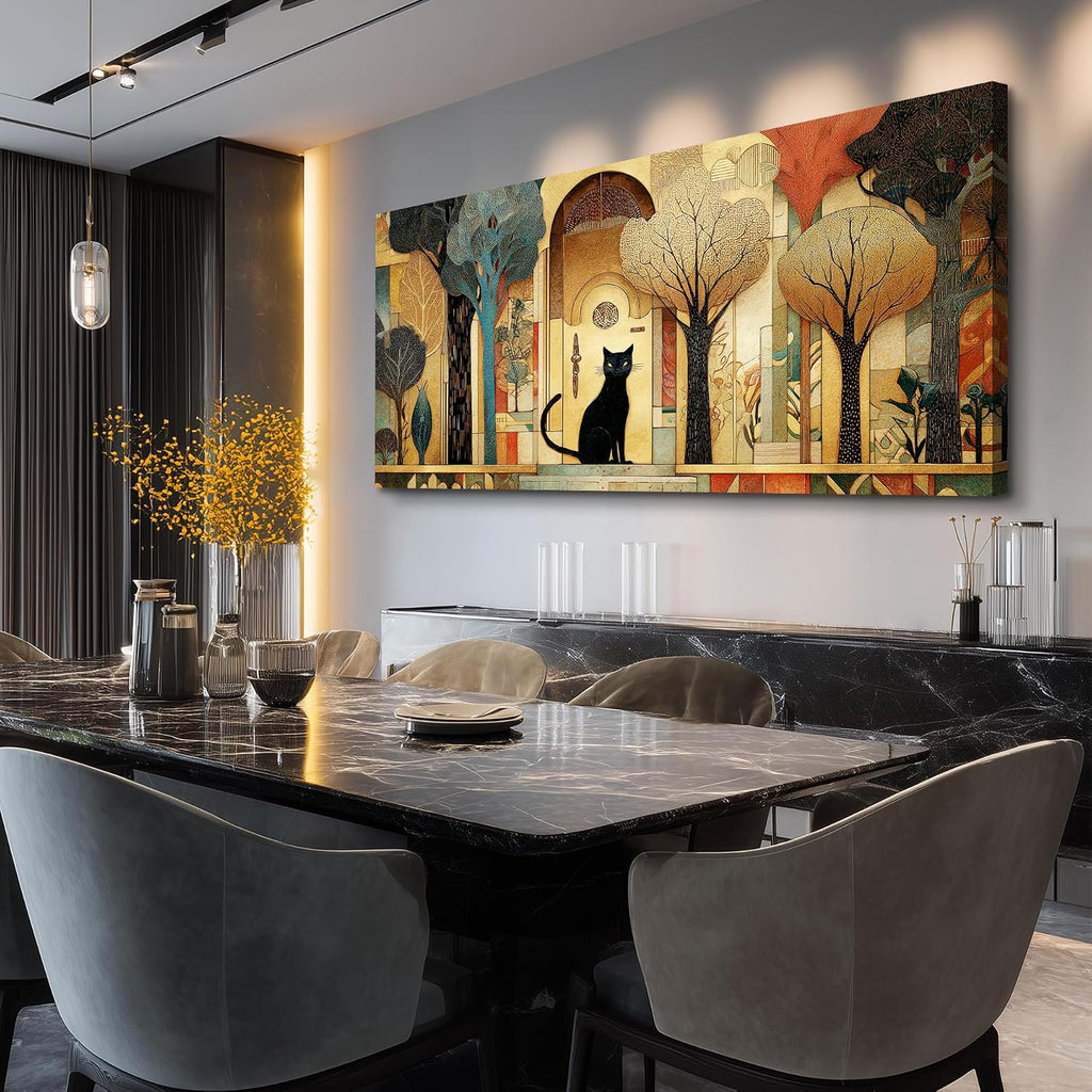 Large Canvas Wall Art Cat Abstract Pictures Vintage Nature Wall Art Modern Farmhouse Cottage Artwork Gold Trees City