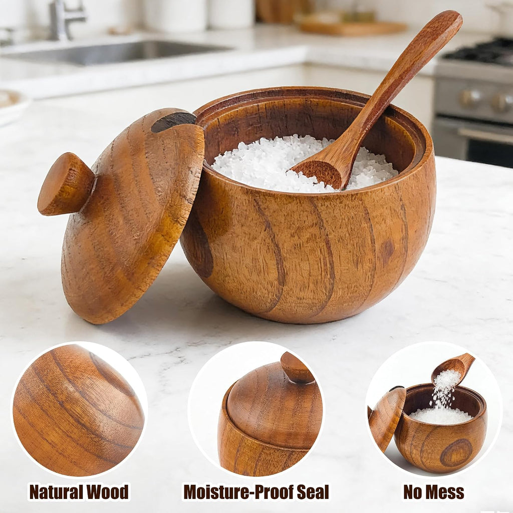 Wooden Salt Cellar with Lid and Spoon 5.7 oz Kitchen Wooden Salt Box for Sea Salt,Spices and Herbs() - Set of 2