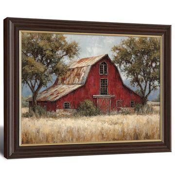 Antique Framed Red Barn Canvas Wall Art, Weathered Farmhouse Oil Painting Canvas Prints, Vintage Farm Wall Decor