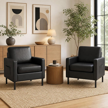 Mid Century Black Leather Mordern Accent Chairs - Set of 2
