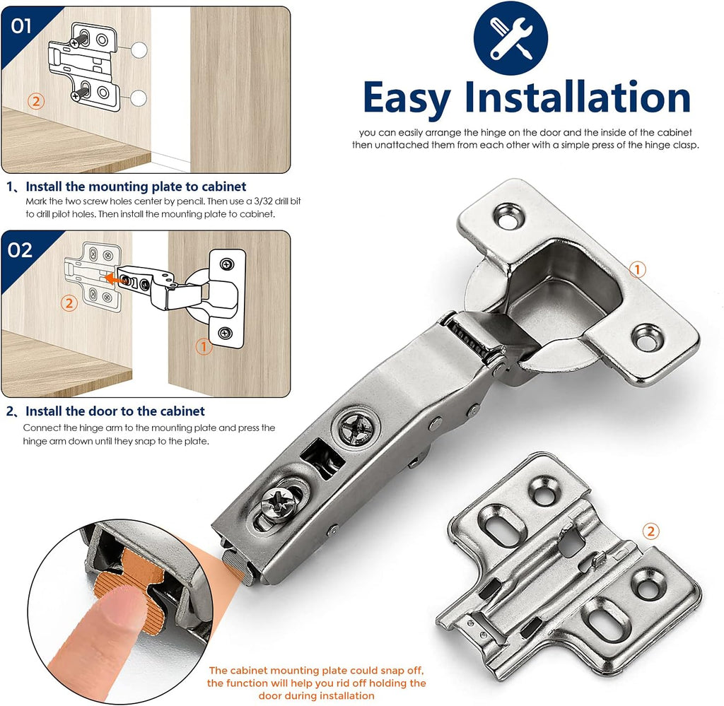 60 Pack 30 Pairs European Kitchen Cabinet Hinges Soft Close Full Overlay Door Heavy-Duty Frameless Adjustable Concealed