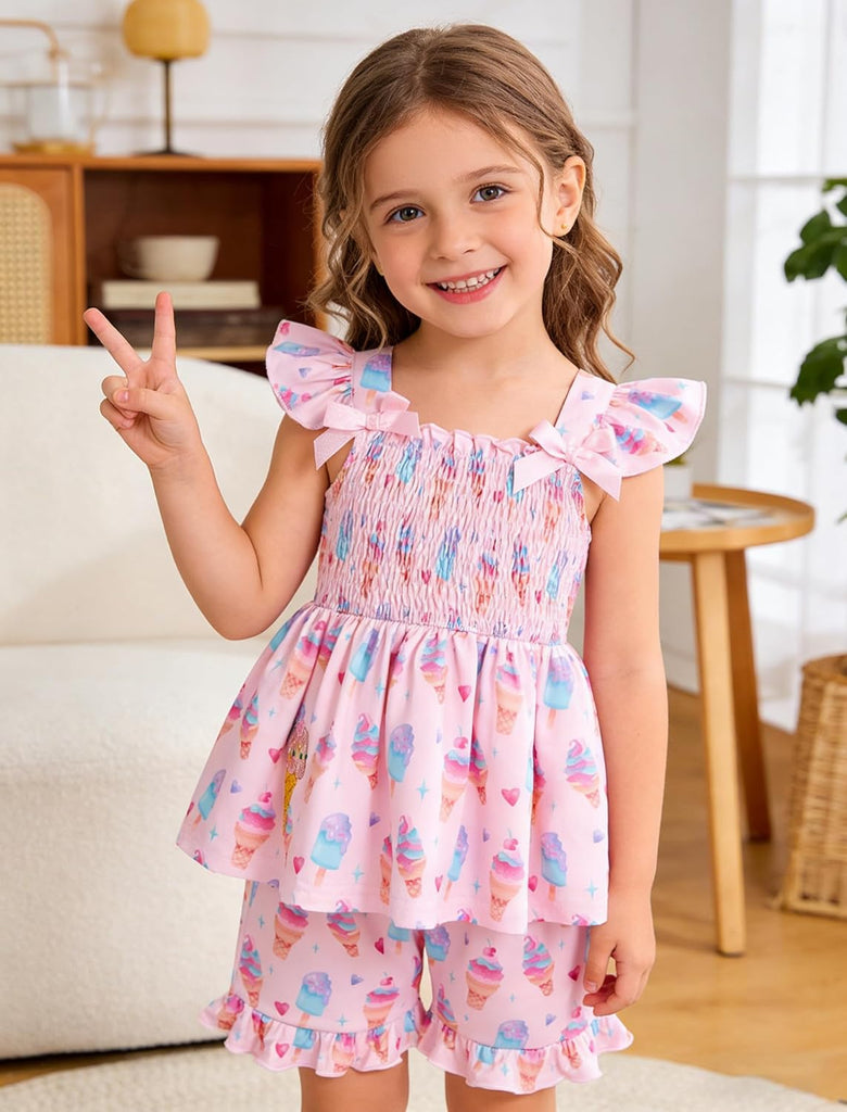 Toddler Baby Girls Summer Clothes Outfits Ruffled Sleeve Dinosaur Shirt Leopard Tops and Shorts Pants Sets 2PCS