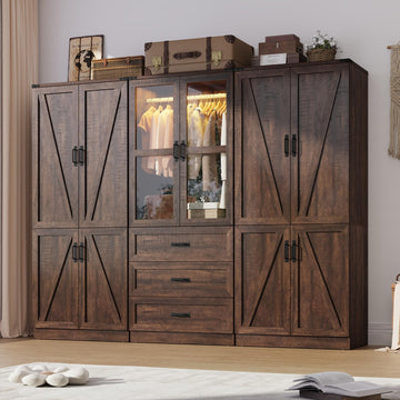 75" Tall Farmhouse 6 Doors Armoire Wardrobe Closet with 3 Drawers and LED, Freestanding Closet Wardrobe Cabinet with