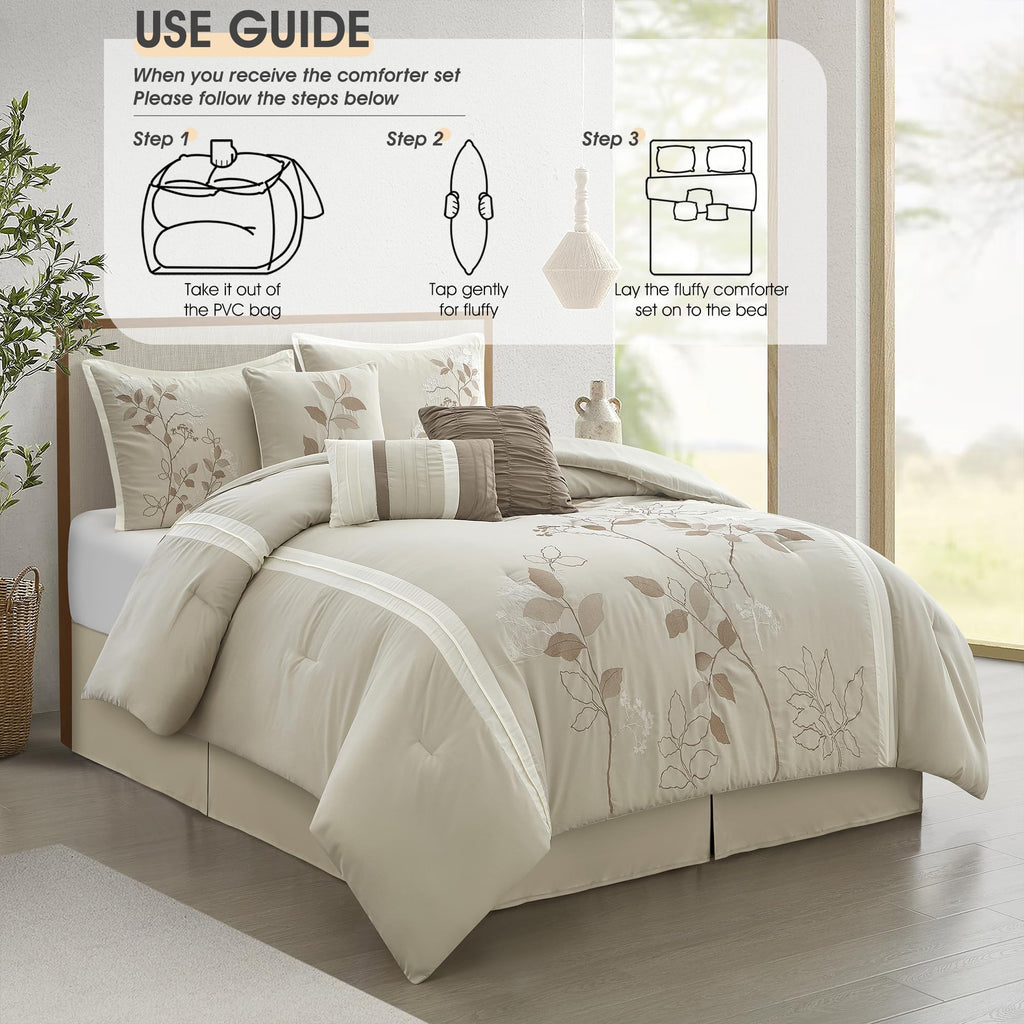 Beige Queen Comforter Set, 7 Pieces Bed in a Bag, Elegant Floral Leaves Embroidery, Soft and Lightweight All Seasons