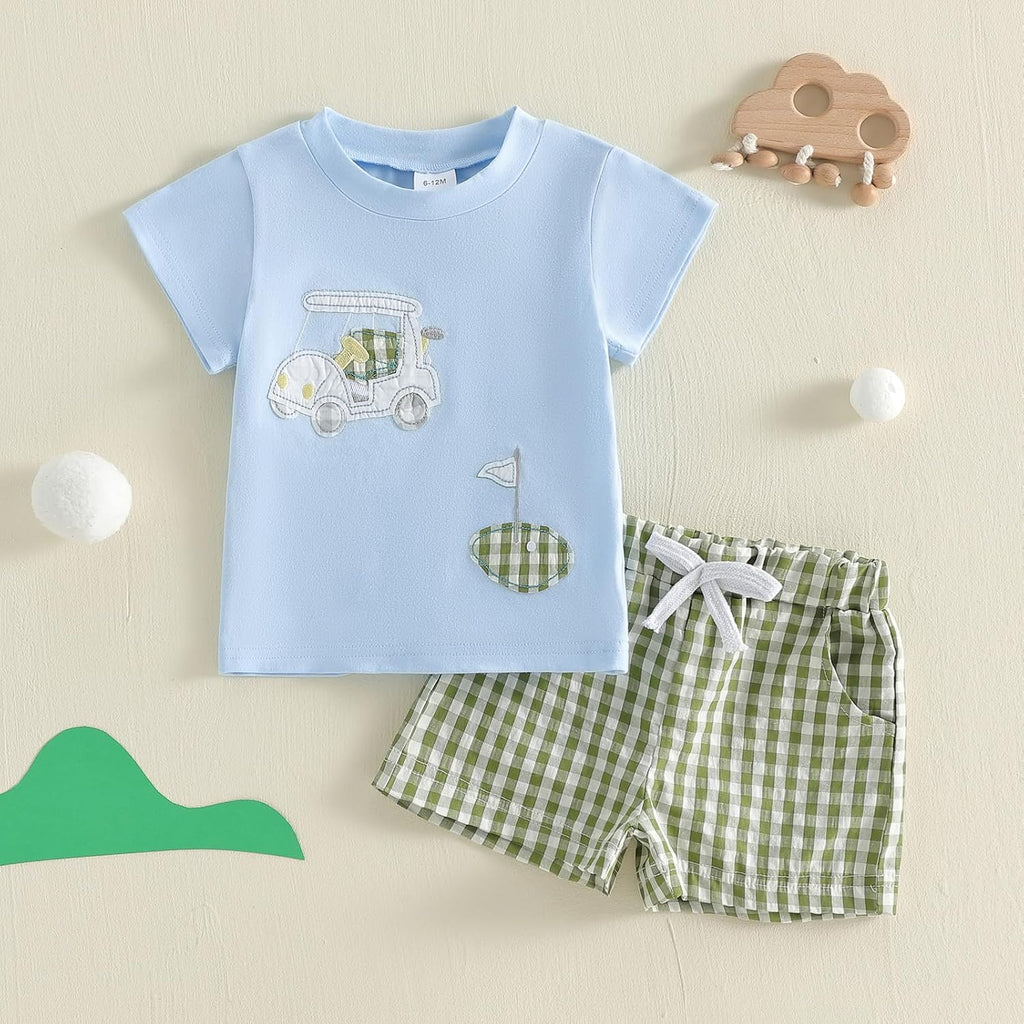 Toddler Boy Summer Outfits Golf Baby Boy Short Sleeves T-Shirt Plaid Shorts Set Infant Newborn Boy Clothes Set