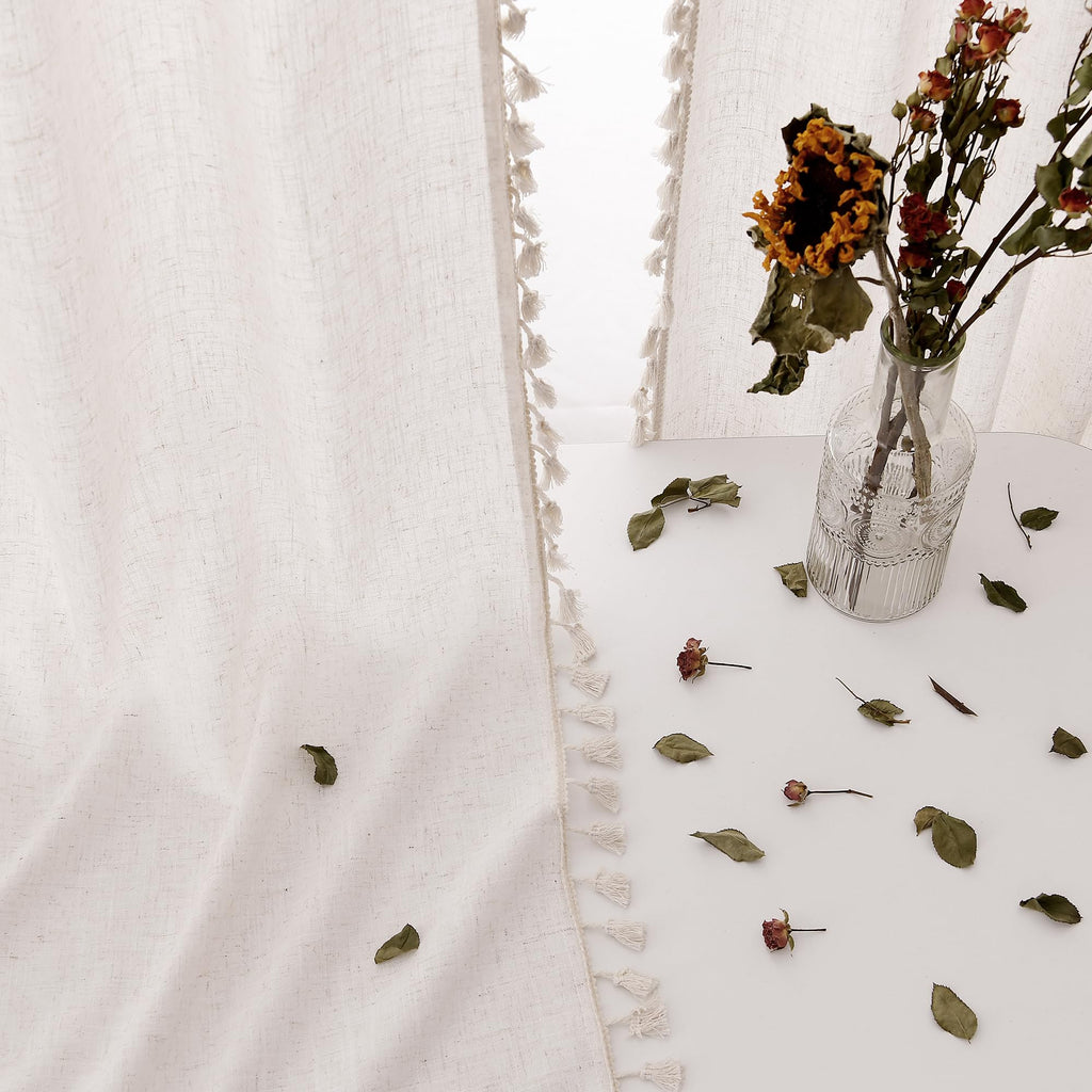 Natural Boho Linen Curtains 84 Inches Long 2 Panels Cream Beige Semi Sheer Curtain Tassel Rod Pocket Back Tab Light