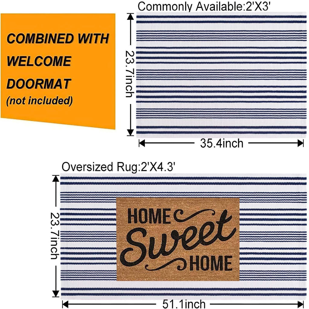 Blue and White Outdoor Rug 24"x51"Washable Woven Striped Front Porch Rug
