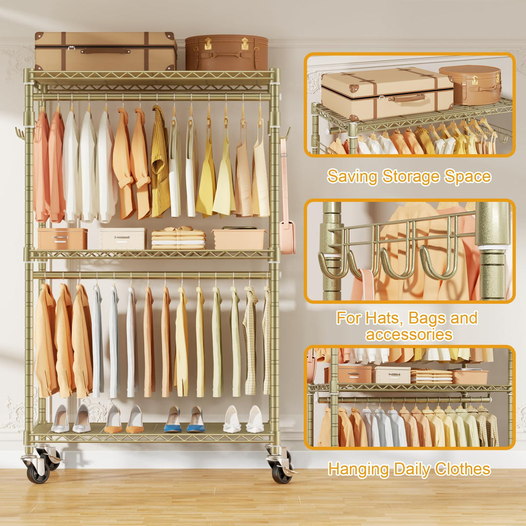 P1 Rolling Clothes Rack, Gold Portable Wardrobe Closets with Wheels