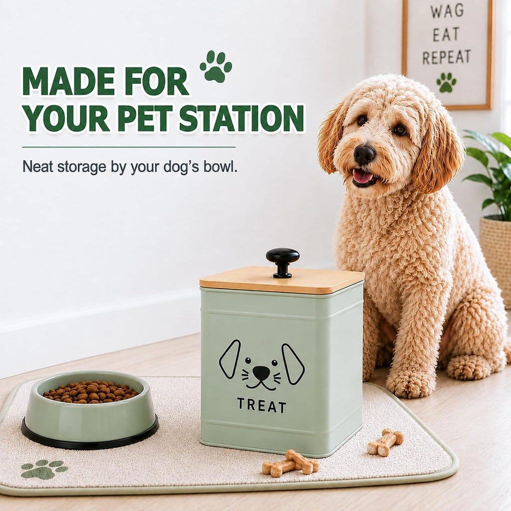 Dog Treat Container 6" W x 8" H Metal Storage Canister with Bamboo Lid