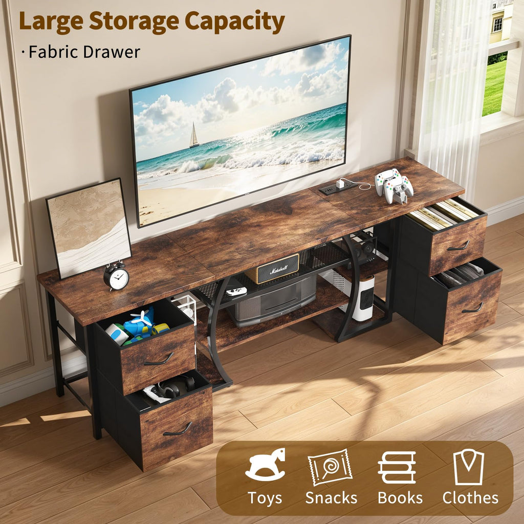 LED TV Stand for 65, 70, 80 Inch TV, 71 Inch Industrial Entertainment Center with Power Outlets, Media Console Table