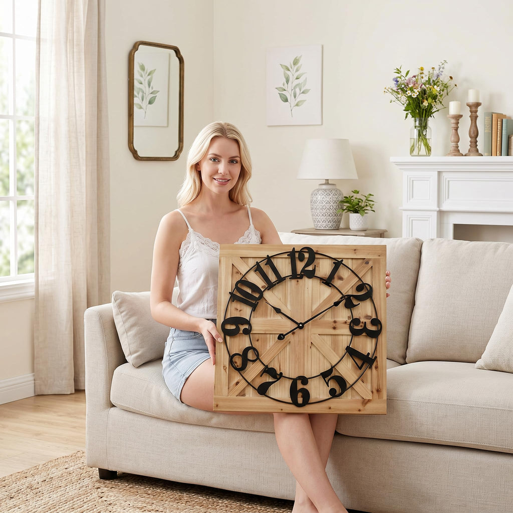 24 Inch Large Square Wood Wall Clock - Rustic Farmhouse Wall Decor, Silent Non-Ticking Battery Operated Clock with