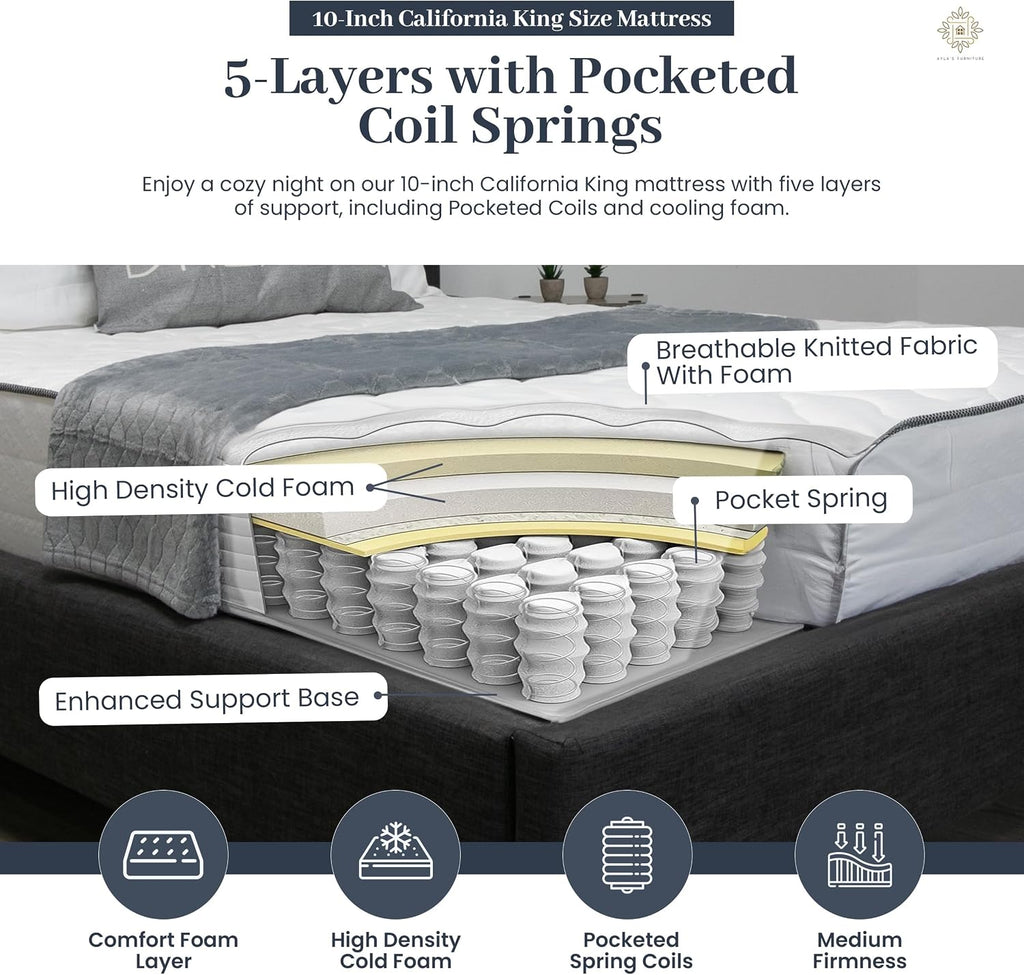 California King Mattress 10 Inches White - Pocketed Coil Euro Top Cool Memory Foam Hybrid Mattress Breathable Cover
