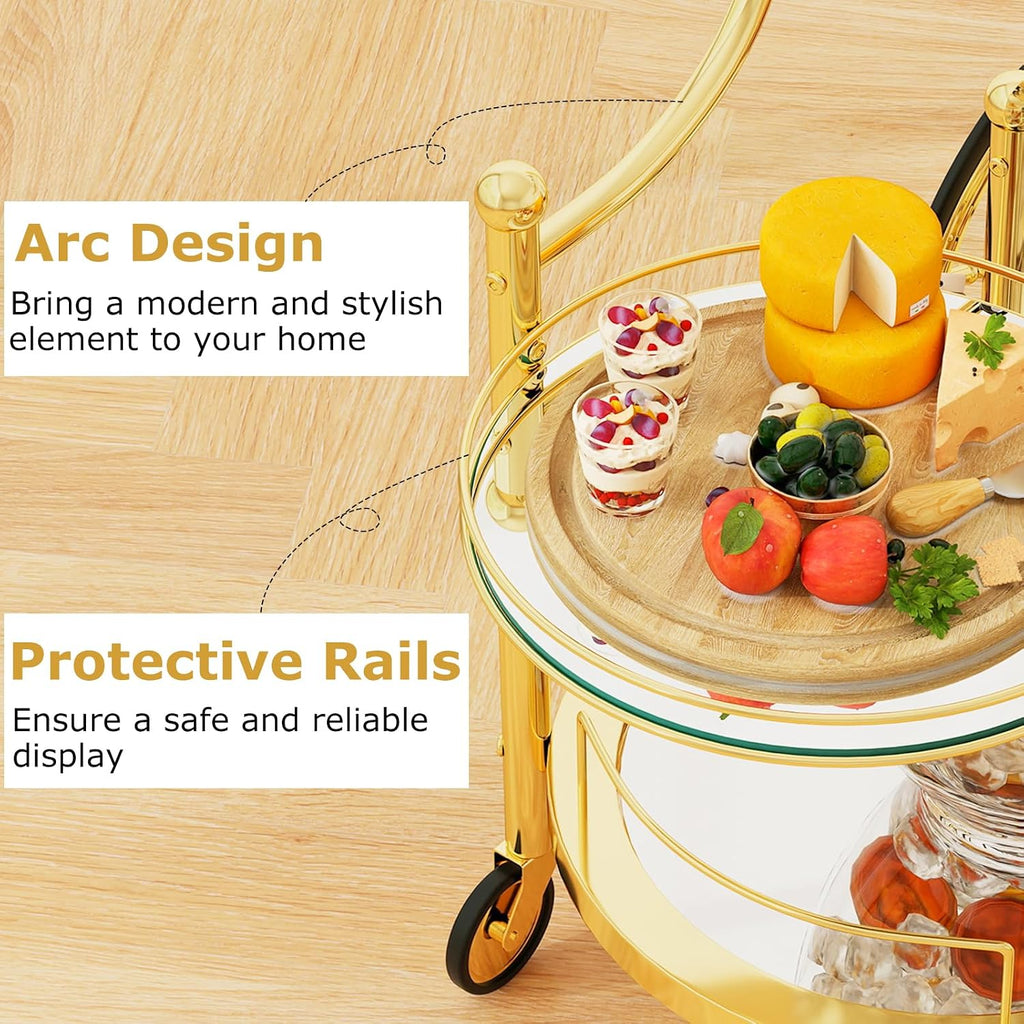 Rolling Serving Cart, 3-Tier Metal Bar Cart with Tempered Glass, 4 Wheels Tea Serving Bar Cart , Gold