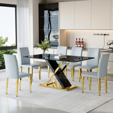 Chromeplate Marble Dining Table Set for 6 with Grey Gold Chairs