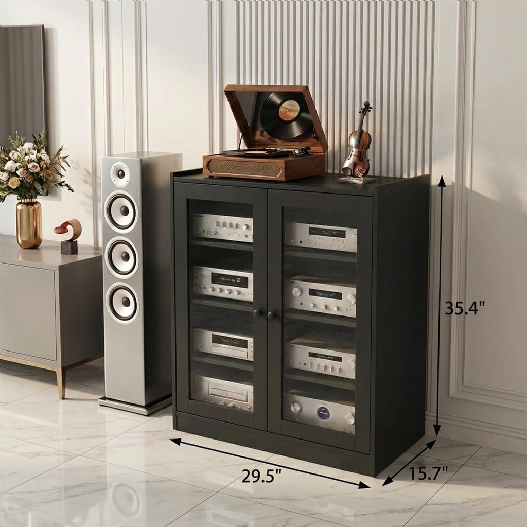 Audio Stereo Cabinet with Glass Doors, 35.4" Tall AV Component Media Stand, Record Player Stand with Adjustable