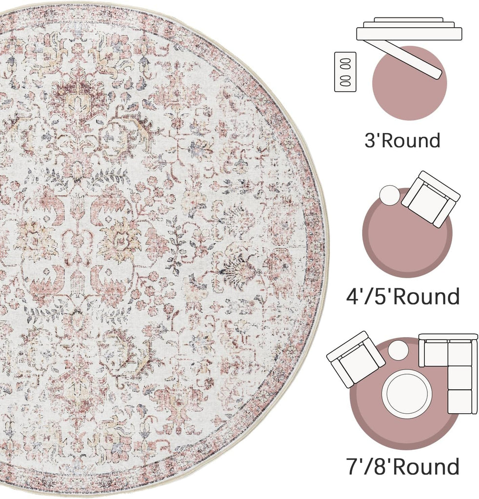 Kalen Round Rug 8ft Area Rug Washable Vintage Indoor Retro Accent Floor Cover Distressed Floral 8' R