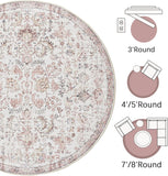 Kalen Round Rug 8ft Area Rug Washable Vintage Indoor Retro Accent Floor Cover Distressed Floral 8' R