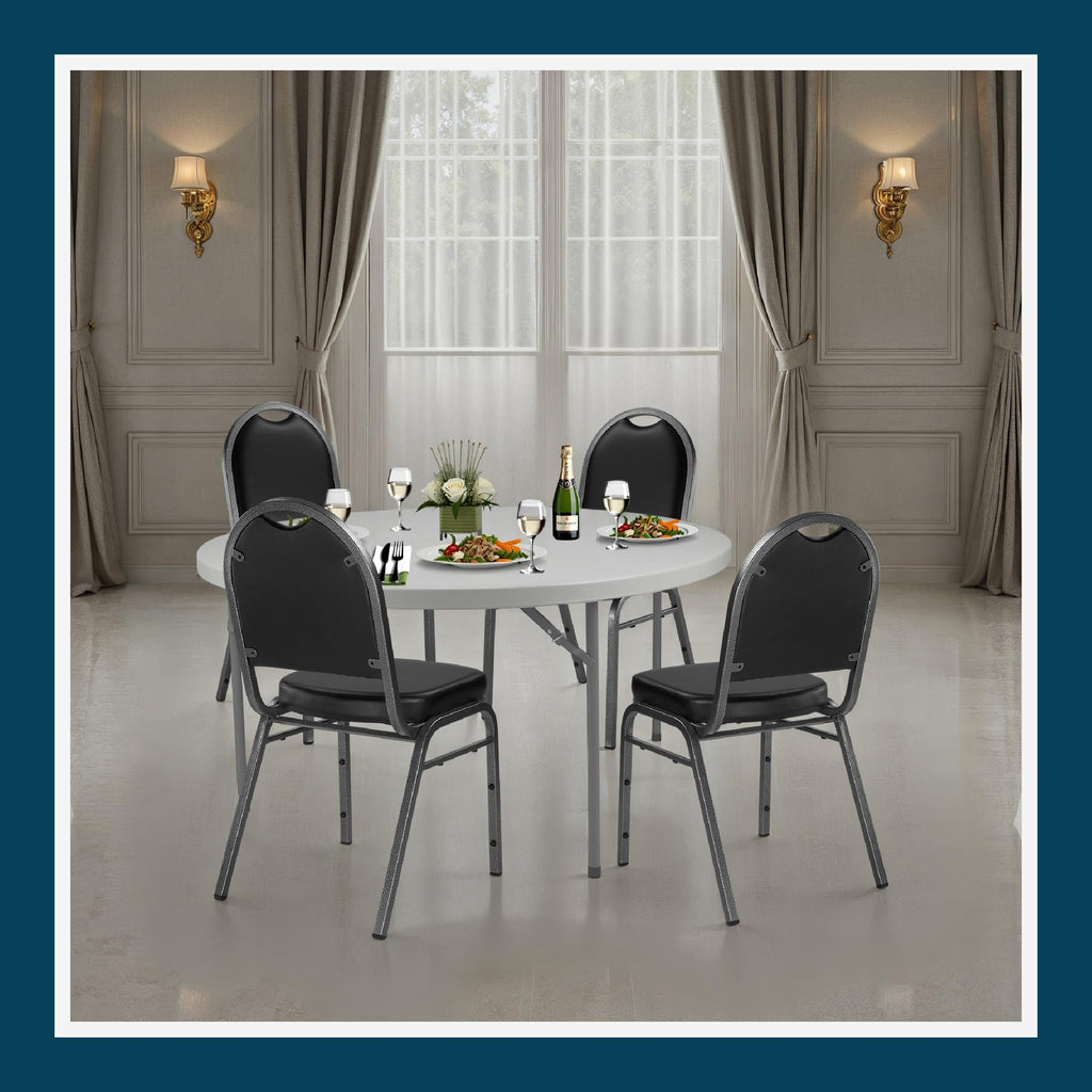 2 Commercial-Grade Dome Back Banquet Stack Chair (Black Vinyl, Silver Powder-Coated Frame, 2-Pack)
