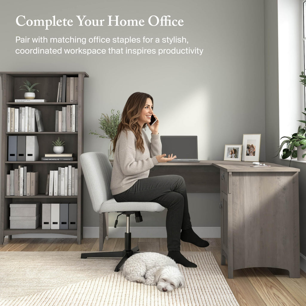 L Shaped Desk with Storage, Modern Farmhouse Corner Table with Drawers and Cabinets, Salinas Collection
