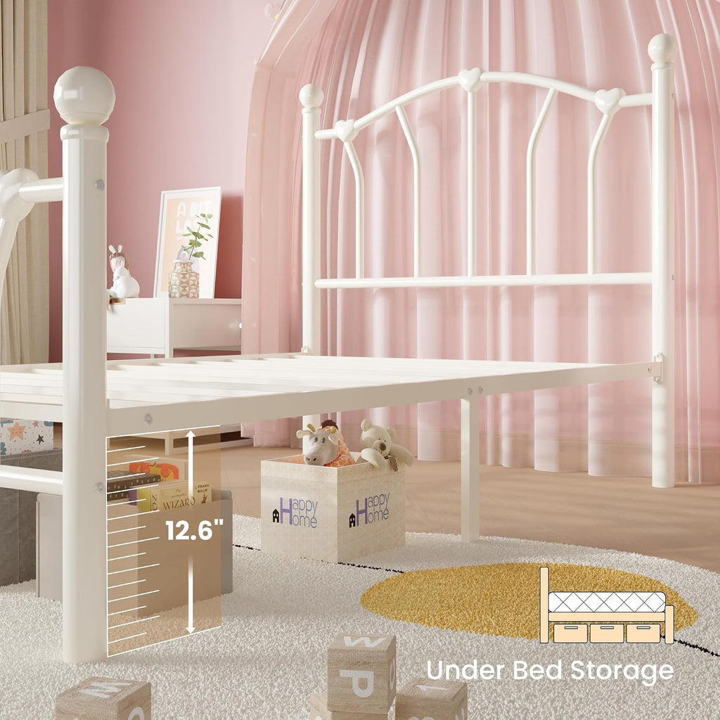 Metal Twin Bed Frame for Kids, Heart-Shaped Design, Cream White | 14 Inch Iron-Art Plarform Bed with