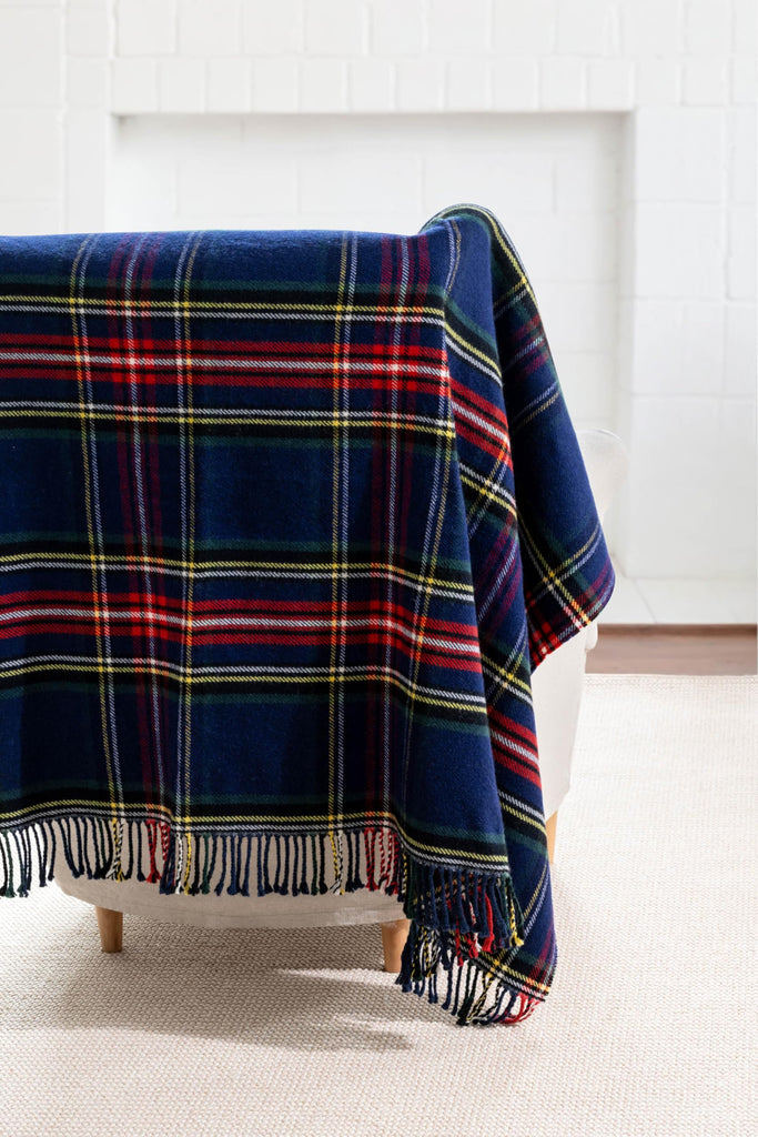 Merino Wool Tartan Plaid Throw Blanket, 50x70, Navy Red