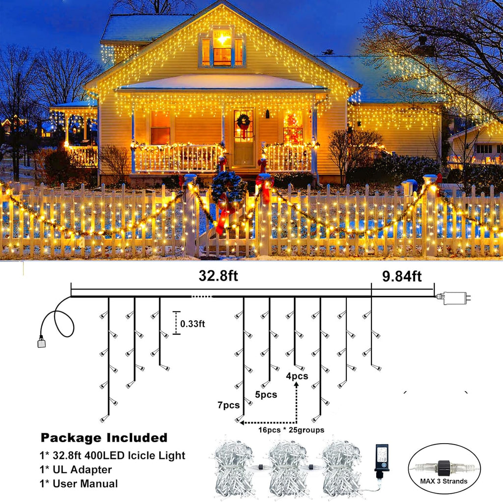 33FT 400 LED Icicle Lights for Outside, Warm White Christmas Lights Outdoor