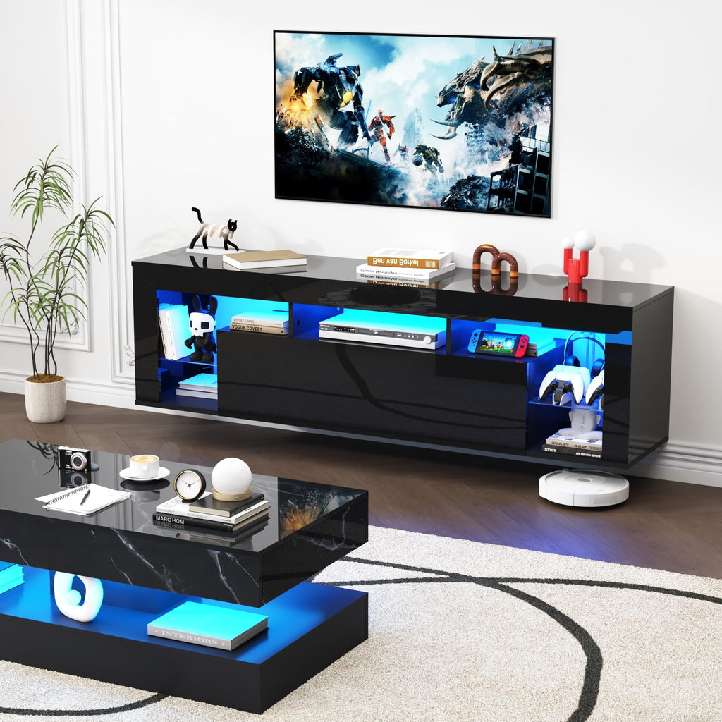 63" Floating High Gloss LED for 75" TVs, Wall-Mounted Entertainment Center, Modern Media Console with Open Adjustable