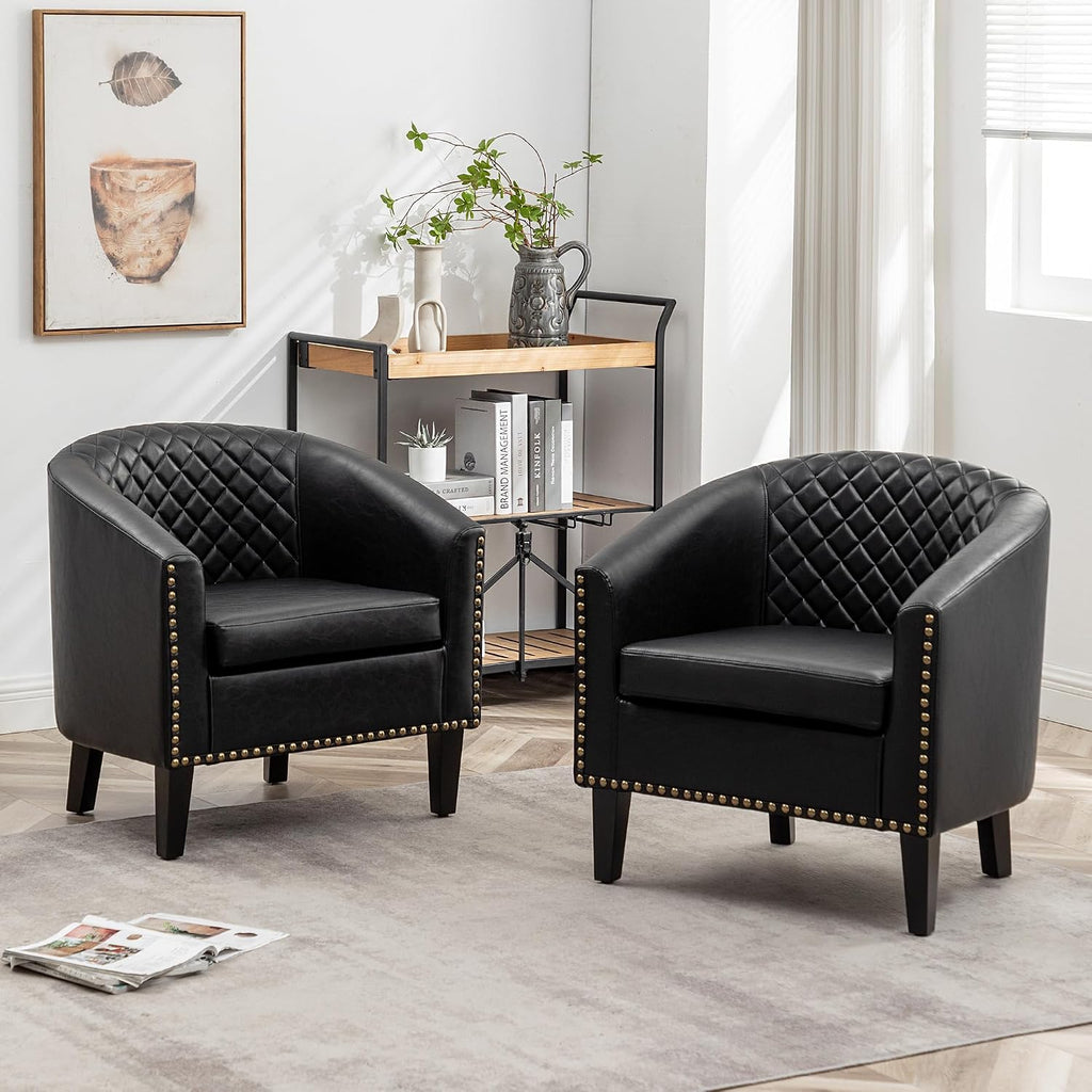29" W Faux Leather Tufted PU Barrel Club Chairs, Black - Set of 2