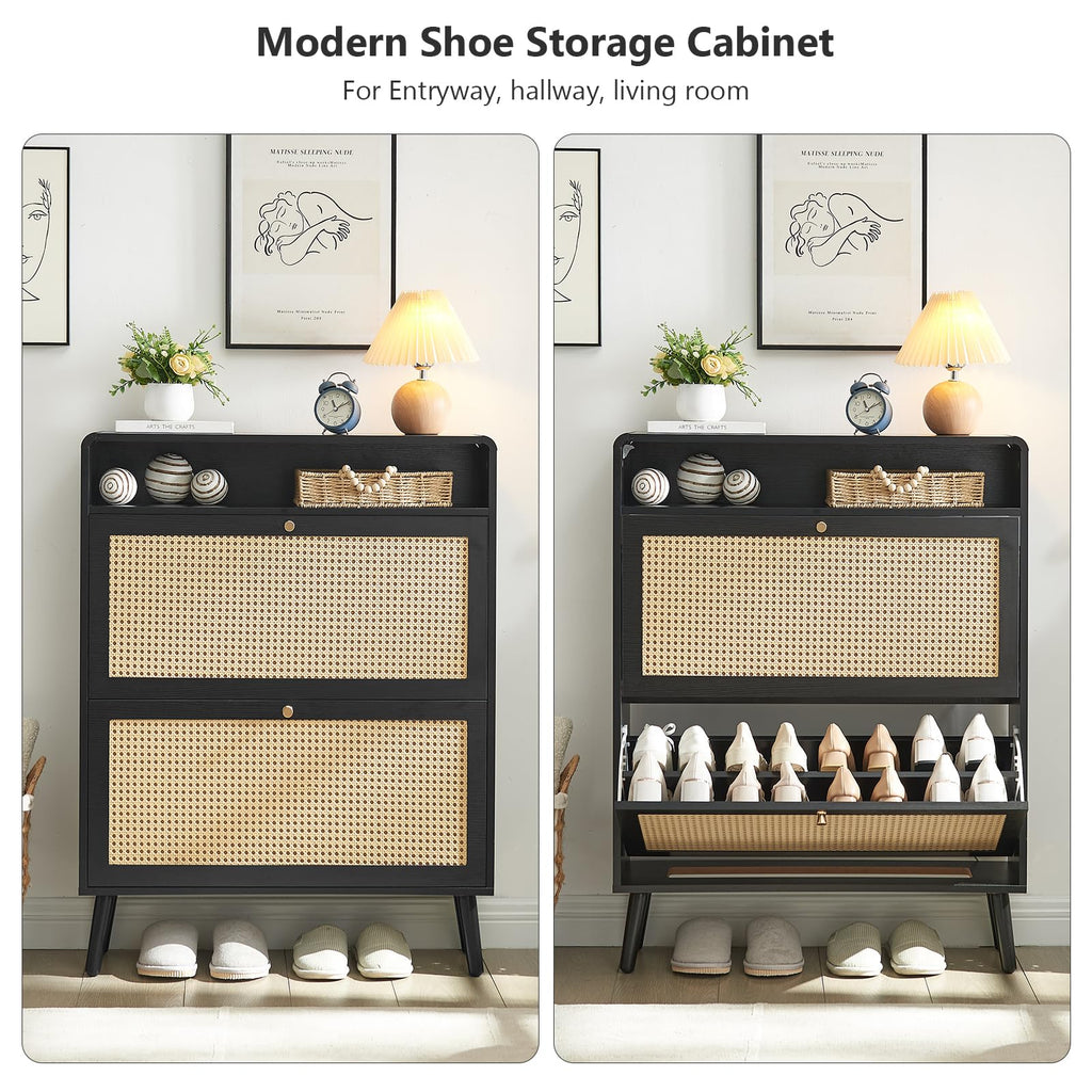 Rattan Shoe Storage Cabinet with 2 Flip Doors, Wood Narrow Shoes Cabinet with Adjustable Shelves, Freestanding Hidden