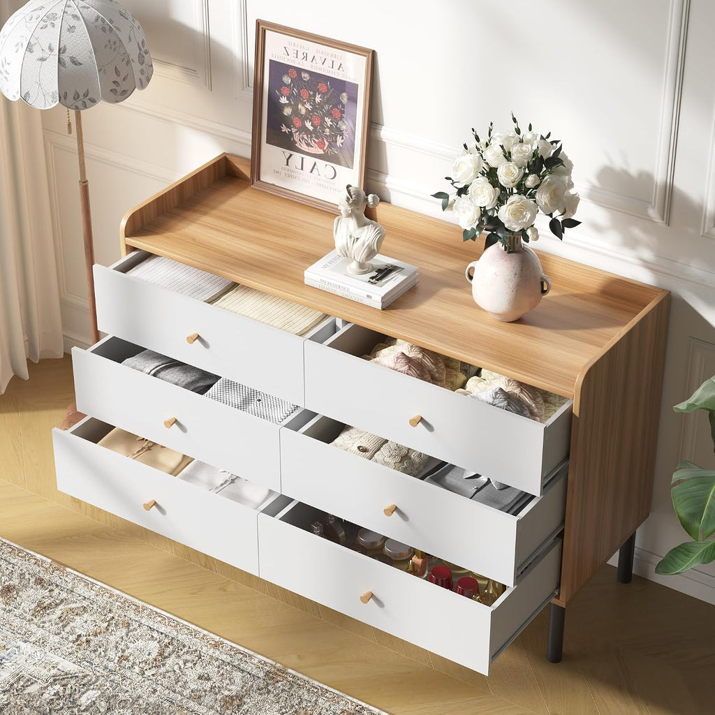 Kids Dresser , 6 Drawer Baby Dresser with Golden Handles, Modern Wood Chest , White