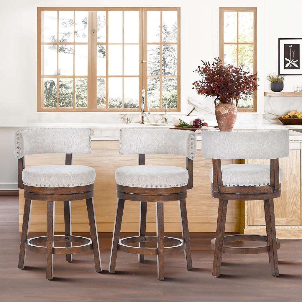 Swivel Counter Height Bar Stools Set of 3, 25 Inch Modern Upholstered Kitchen Island Barstools with Back, Wood Swivel