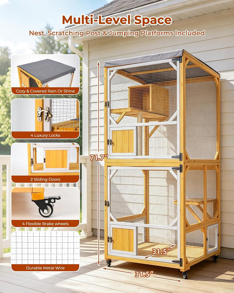 71.7" Catio Outdoor Cat Enclosure, 4 Tier Wooden Cat House with Wheels, Indoor Outdoor Cat Cage with Window Access