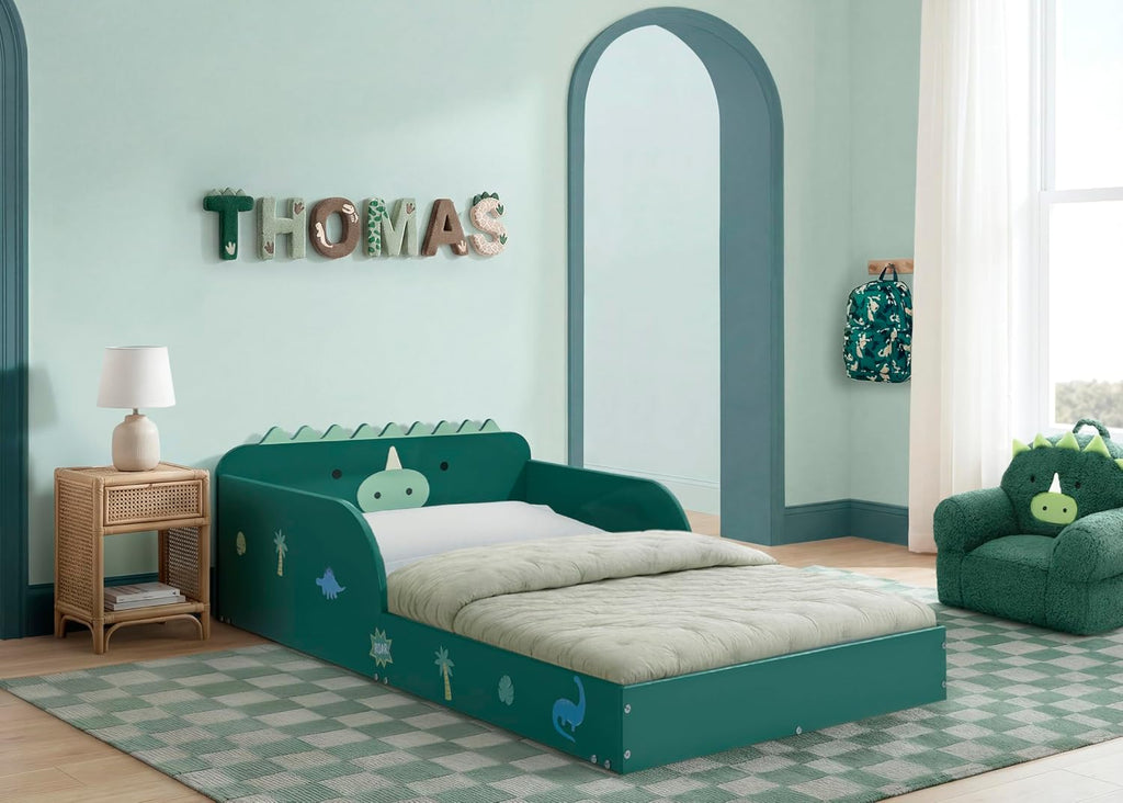 Dino Wood Floor Toddler Bed with Reusable Stickers, Green