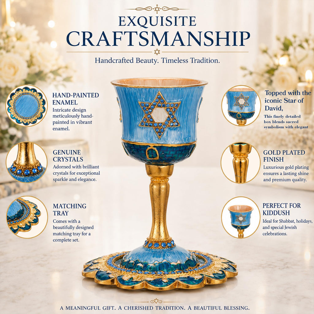 Hand-Painted Enamel Tall 5" Kiddush Cup Set w/Stem & Tray