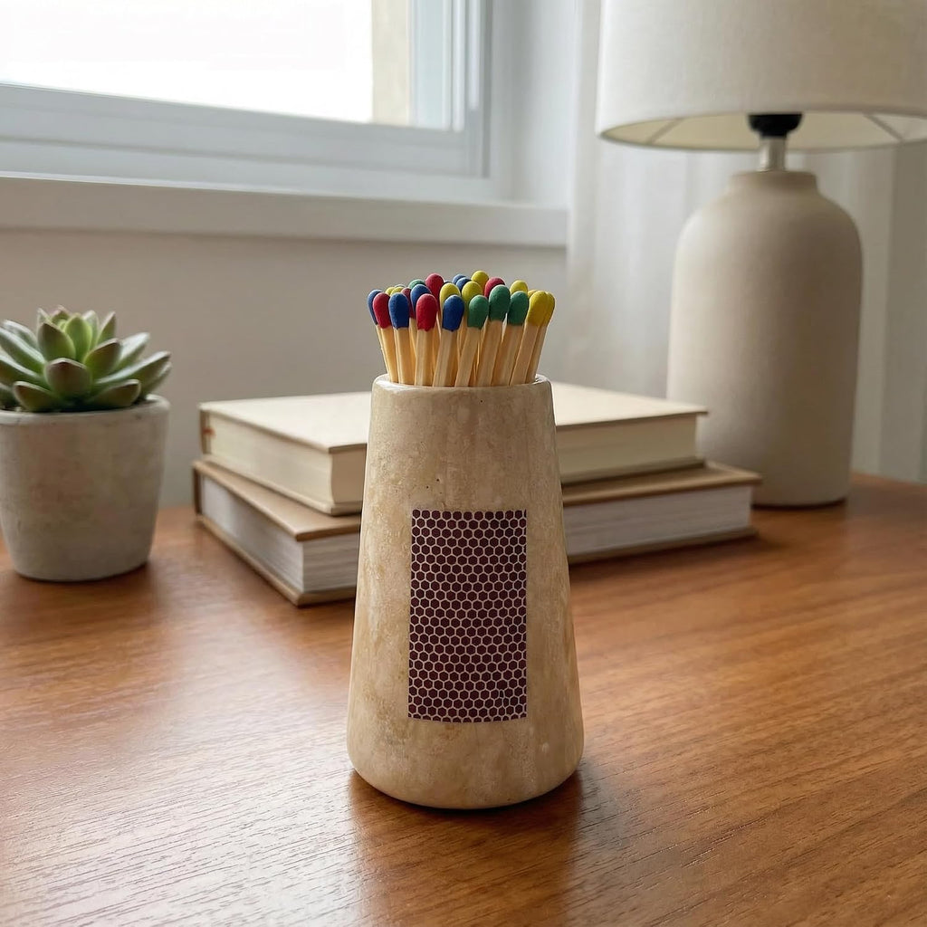 Natural Travertine Incense Match Holder with Striker - Large 3.93" Handmade Matchstick Jar for Candle, Fireplace